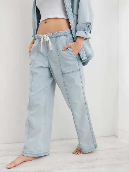 aerie Pants - Aerie Pants Me-Day Tie Waist Pant Cotton Denim Light Wash Size Medium